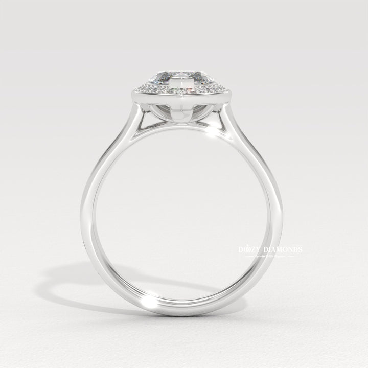 Top-down view of marquise cut halo engagement ring