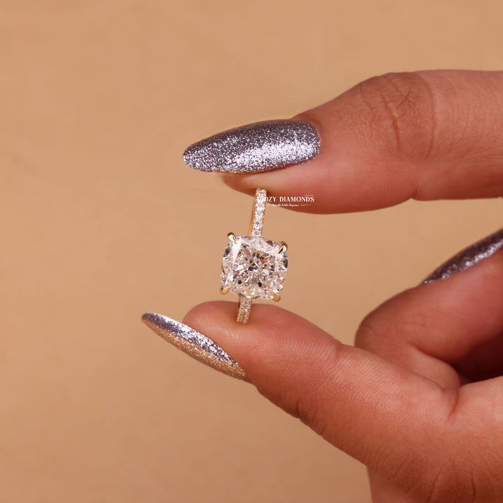 Cushion cut hidden halo engagement ring with IGI certified center diamond