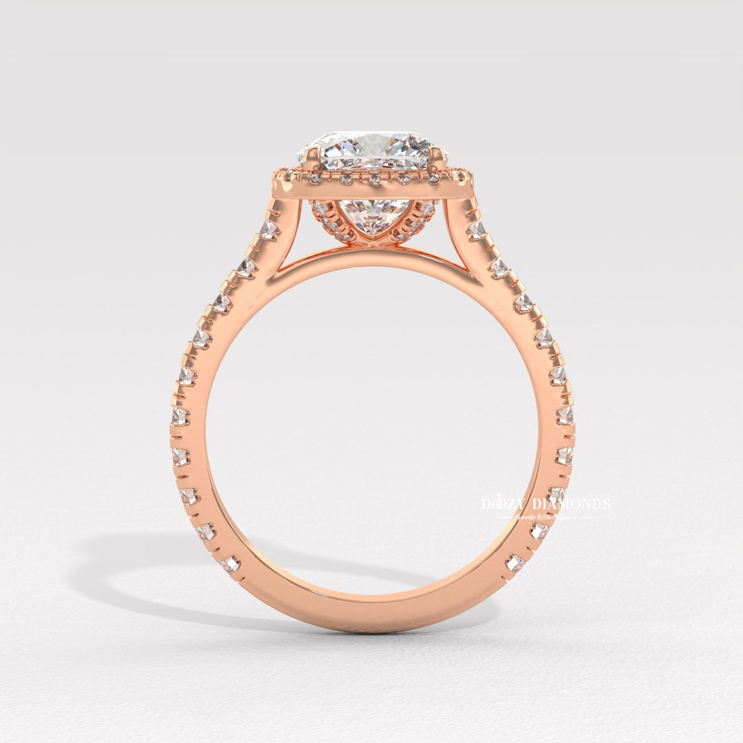Cushion halo engagement ring close-up highlighting diamond sparkle