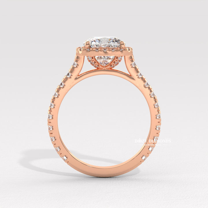 Cushion halo engagement ring close-up highlighting diamond sparkle