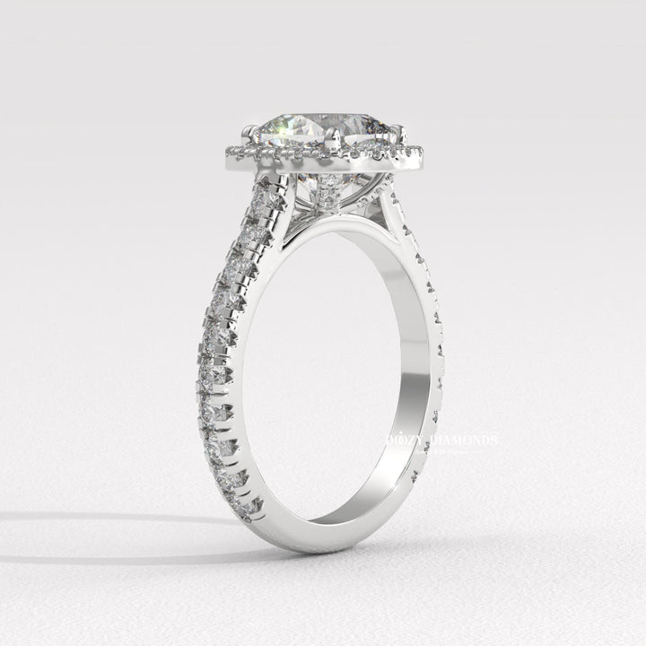 Cushion halo lab grown diamond ring side profile in gold setting