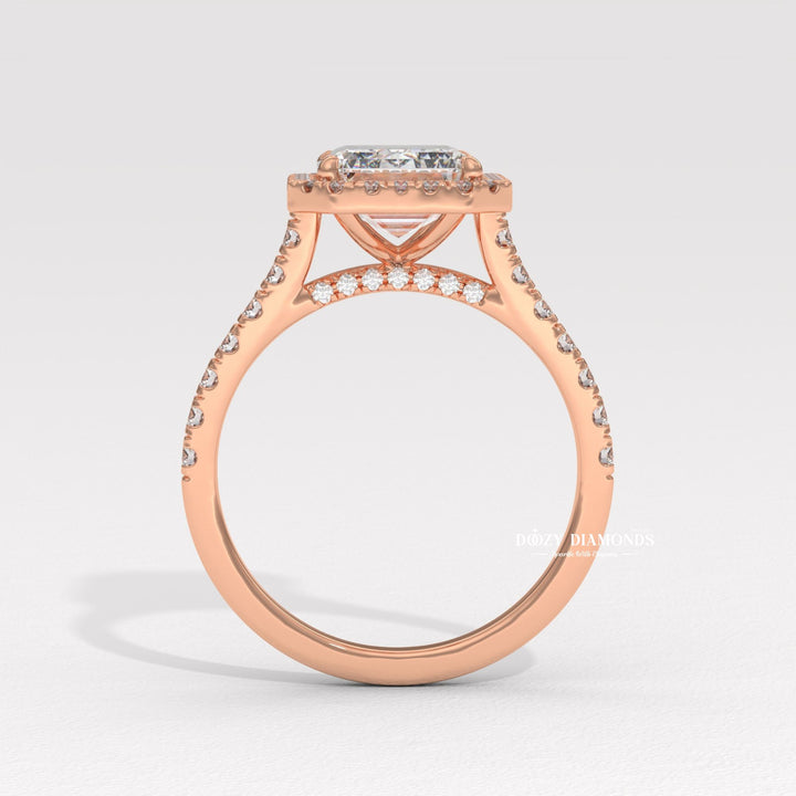 Emerald pave diamond engagement ring available in multiple metals