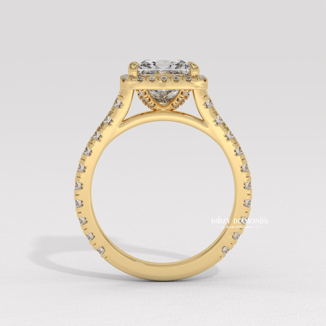Side angle of princess pave diamond engagement ring