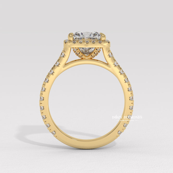 Side angle of princess pave diamond engagement ring