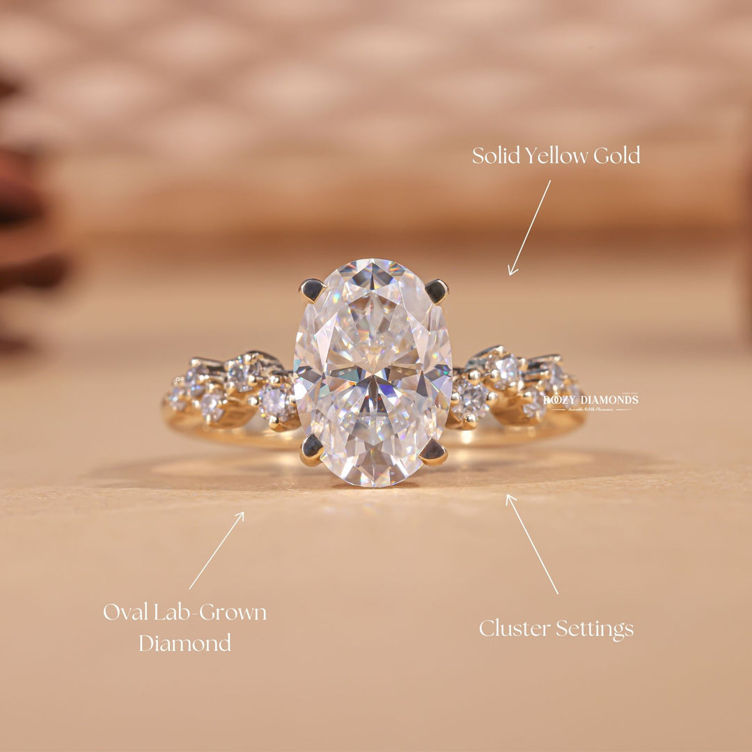 Detailed close-up of oval pave diamond engagement ring