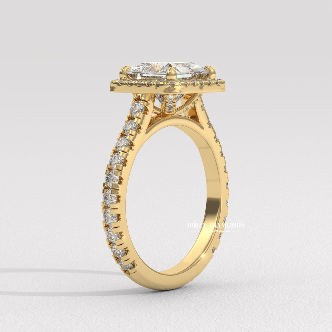 Princess cut engagement ring side view showing band detail