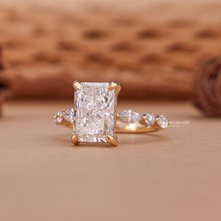 Profile view of radiant cut hidden halo engagement ring band