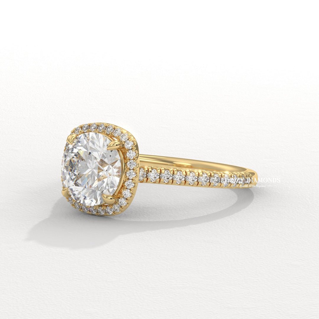 Detailed close-up of round halo diamond engagement ring