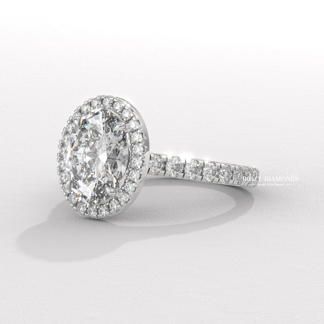 Handcrafted oval cut halo lab grown diamond engagement ring