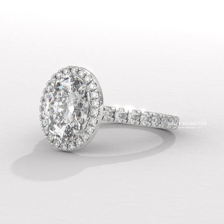 Handcrafted oval cut halo lab grown diamond engagement ring