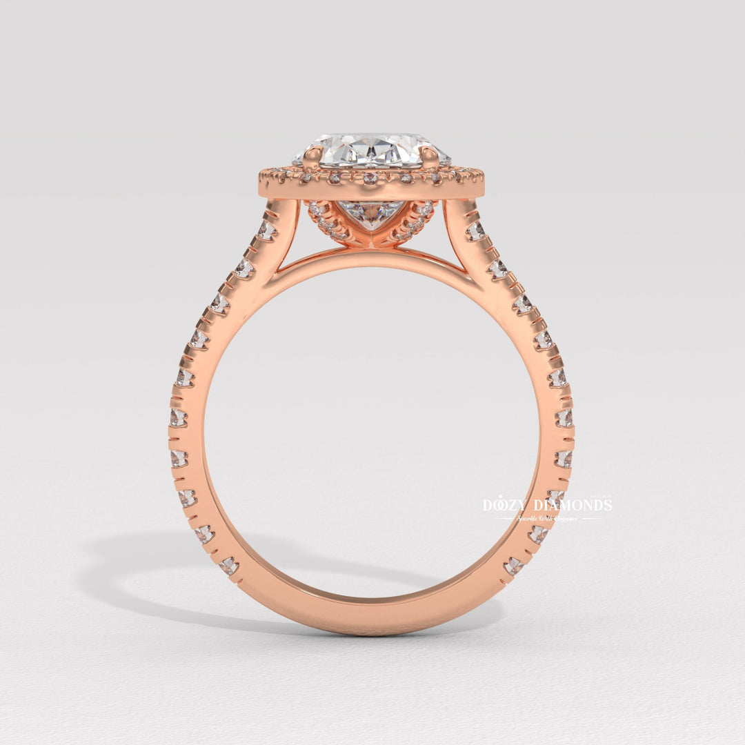 Oval halo engagement ring photographed in natural light