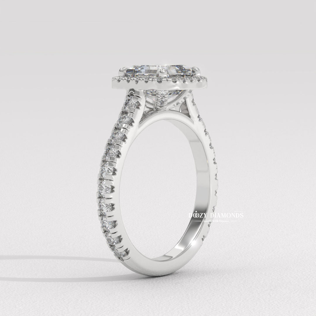 Asscher pave diamond ring presented in signature gift packaging