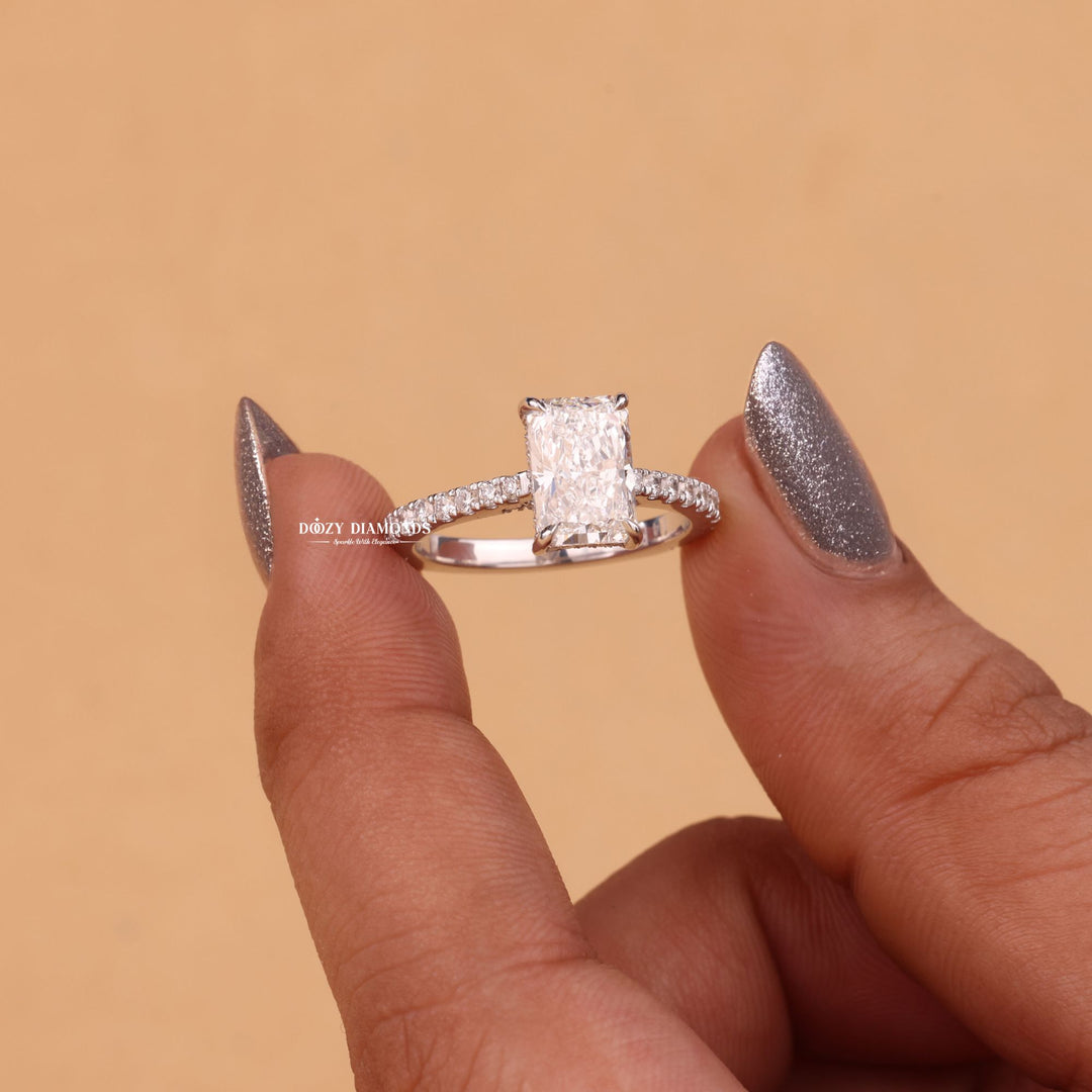 Radiant hidden halo lab grown diamond ring side profile in gold setting