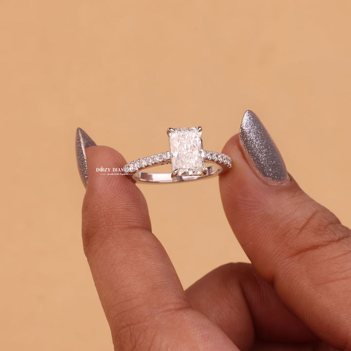 Radiant hidden halo lab grown diamond ring side profile in gold setting