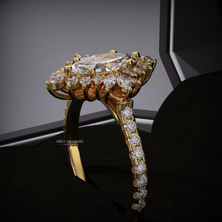 Marquise cluster engagement ring close-up highlighting diamond sparkle