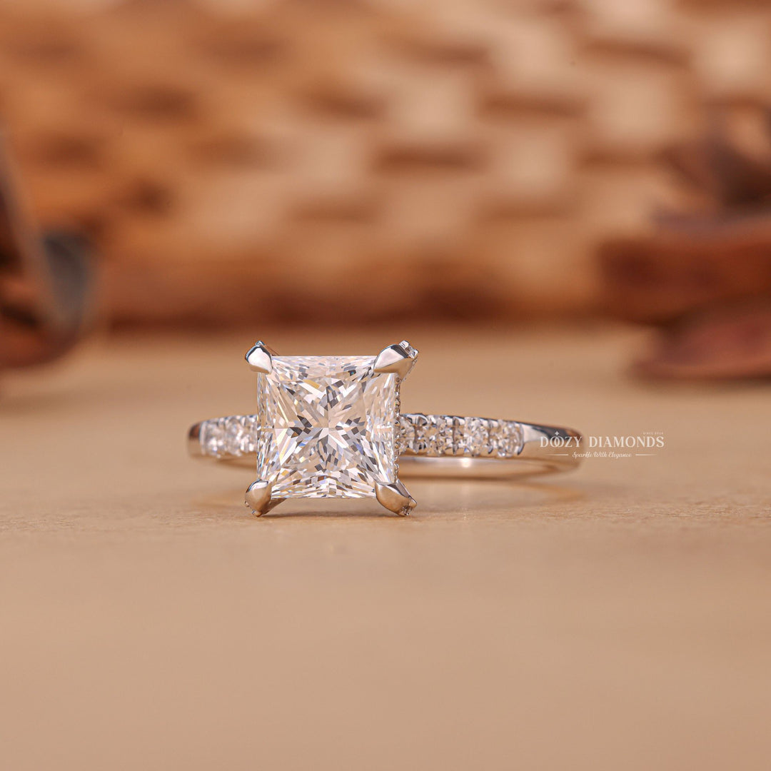 Premium princess cut hidden halo engagement ring crafted in solid gold