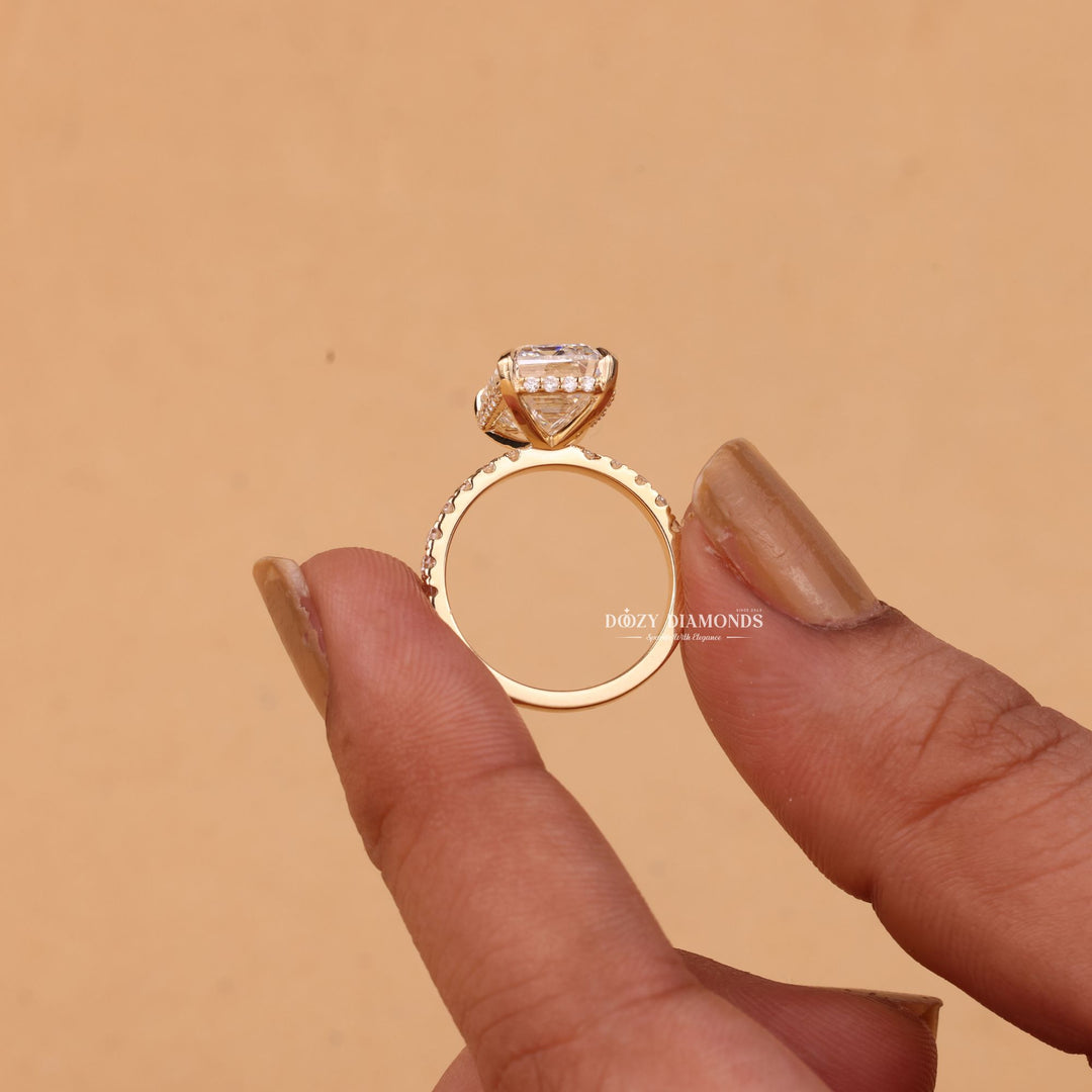 Premium emerald cut hidden halo engagement ring crafted in solid gold