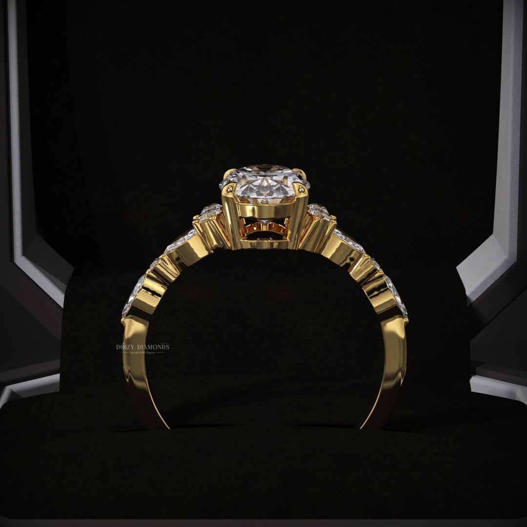 Oval cut engagement ring side view showing band detail