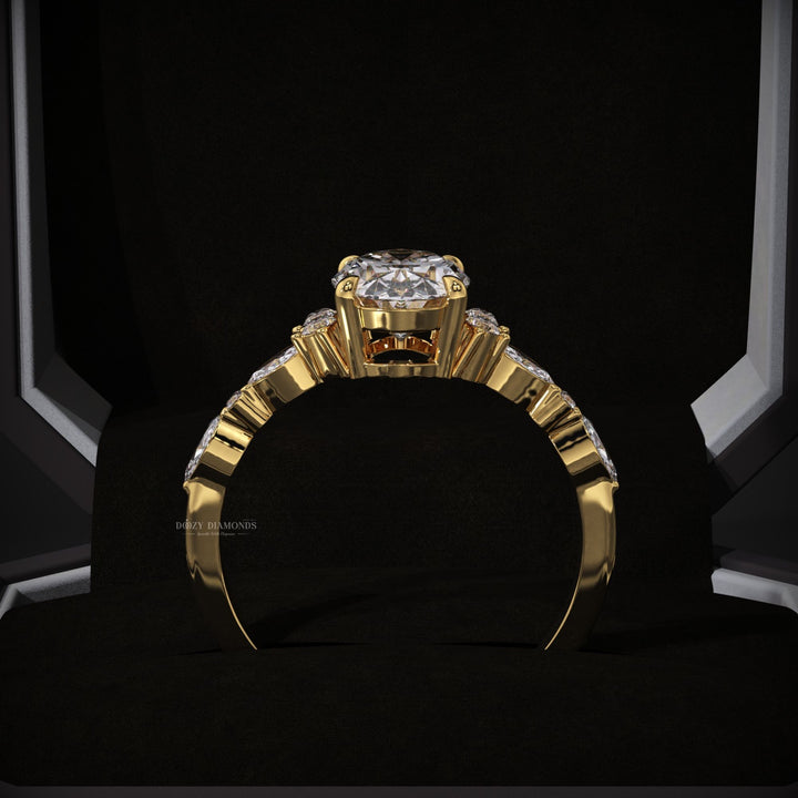 Oval cut engagement ring side view showing band detail