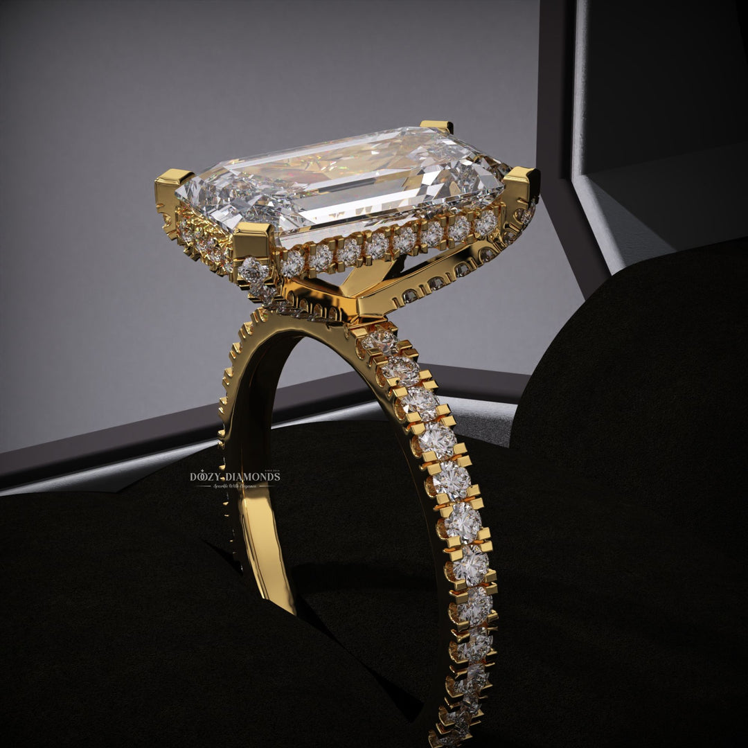 Handcrafted emerald cut hidden halo lab grown diamond engagement ring