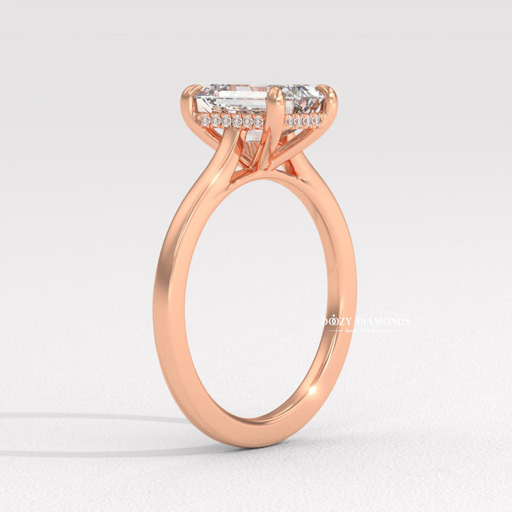 Emerald hidden halo engagement ring with IGI certificate and packaging