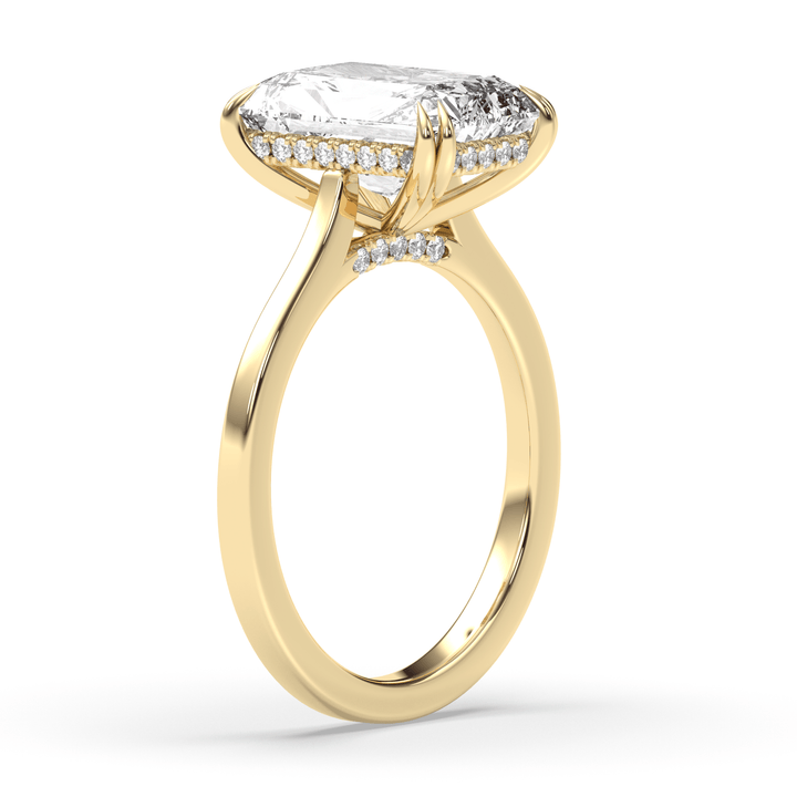 Radiant cut hidden halo engagement ring with IGI certified center diamond