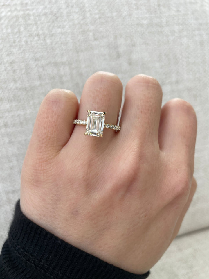 1.64 - 3.64 CT Emerald Cut Lab Grown Diamond Hidden Halo & Pave Engagement Ring - Doozy Diamonds