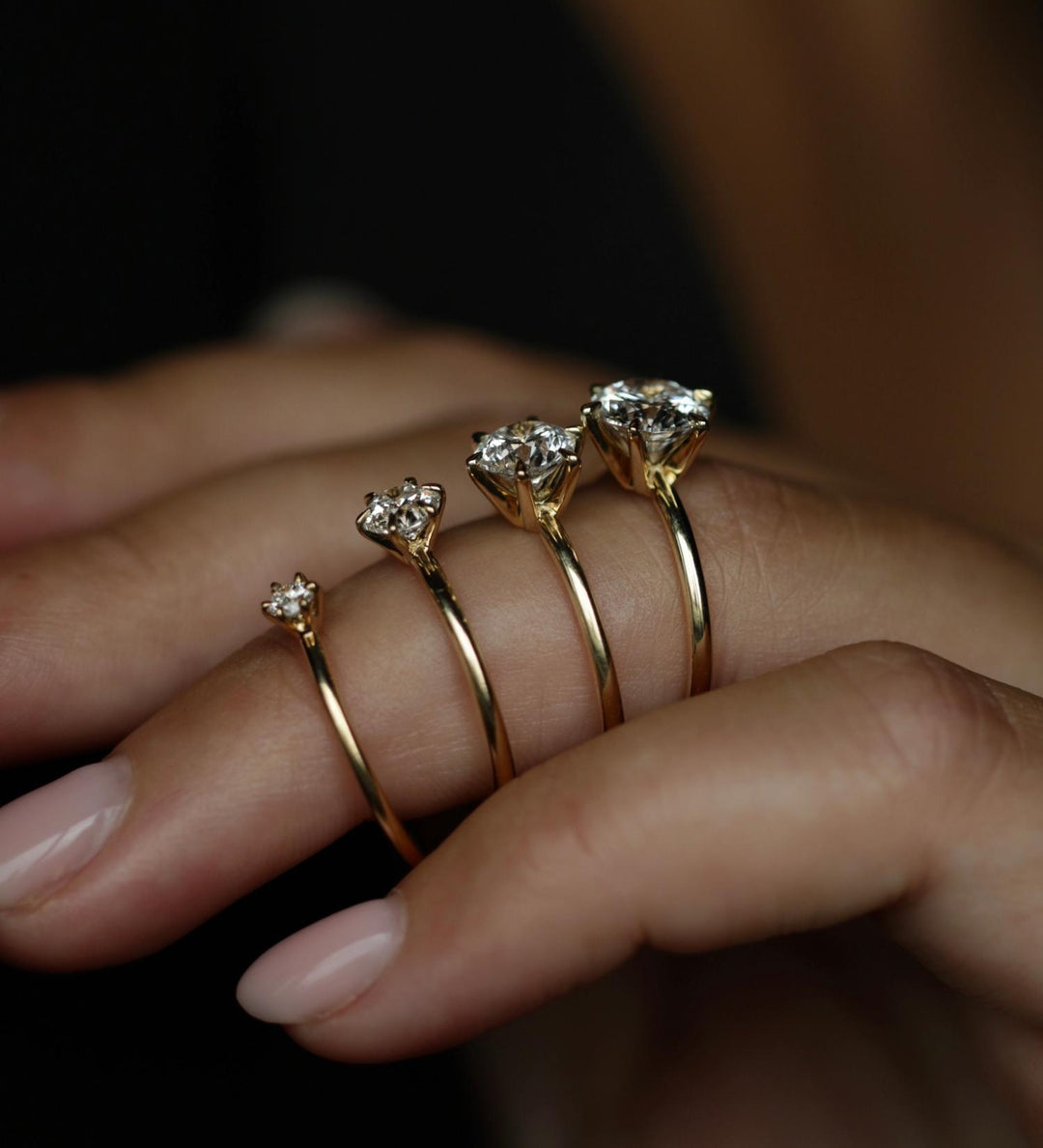 Round solitaire diamond ring displayed on jewelry stand