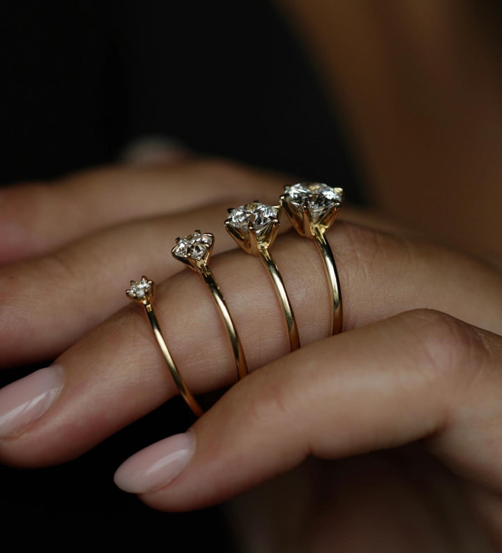 Round solitaire diamond ring displayed on jewelry stand
