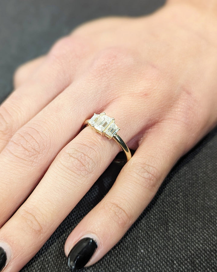 Emerald three stone lab grown diamond ring in jewelry gift box
