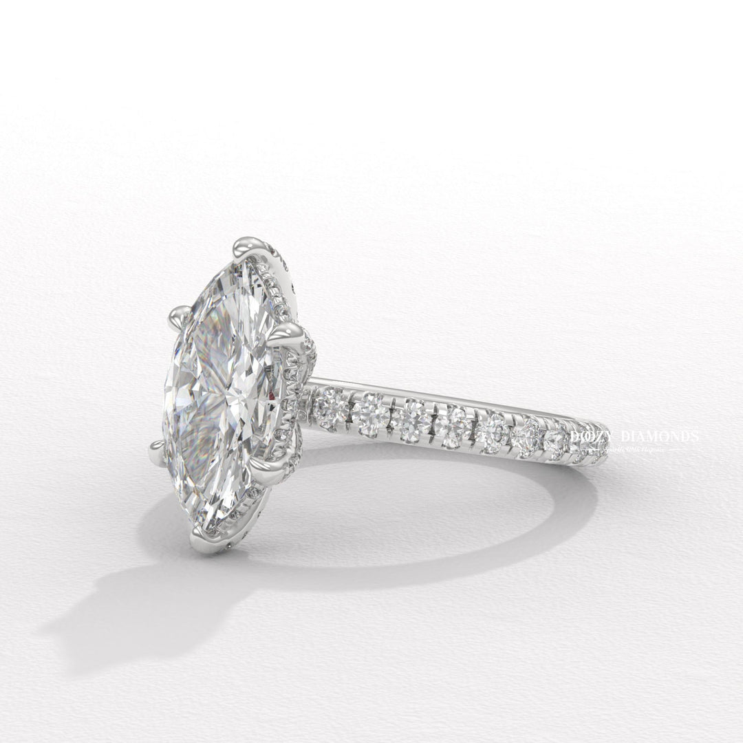 Profile view of marquise cut solitaire engagement ring band