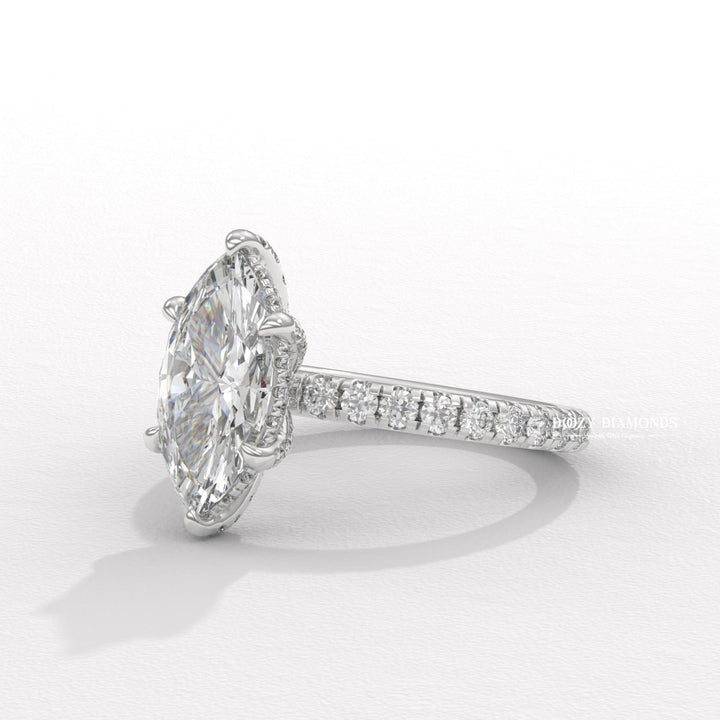 Profile view of marquise cut solitaire engagement ring band