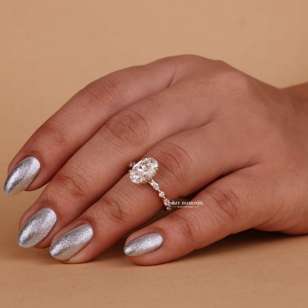 Detailed close-up of oval hidden halo diamond engagement ring
