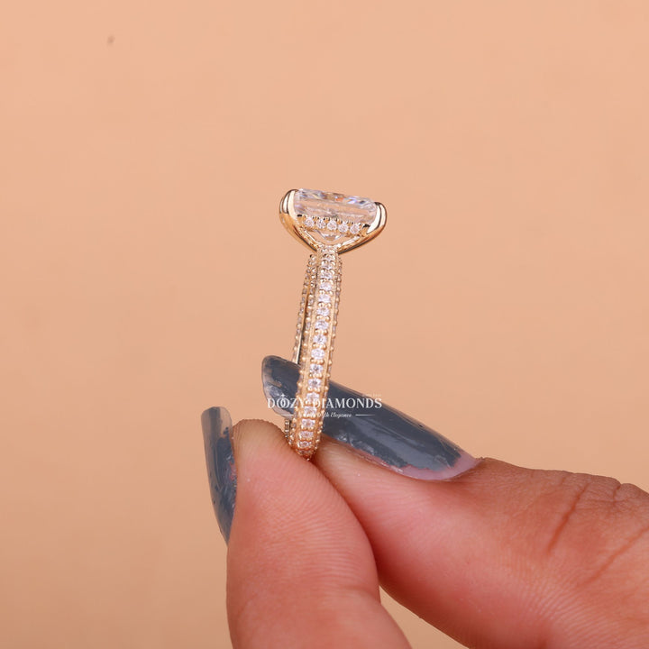 Radiant cut engagement ring side view showing band detail