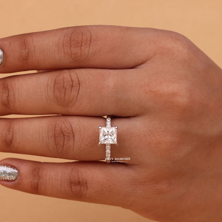Princess hidden halo lab grown diamond ring in jewelry gift box