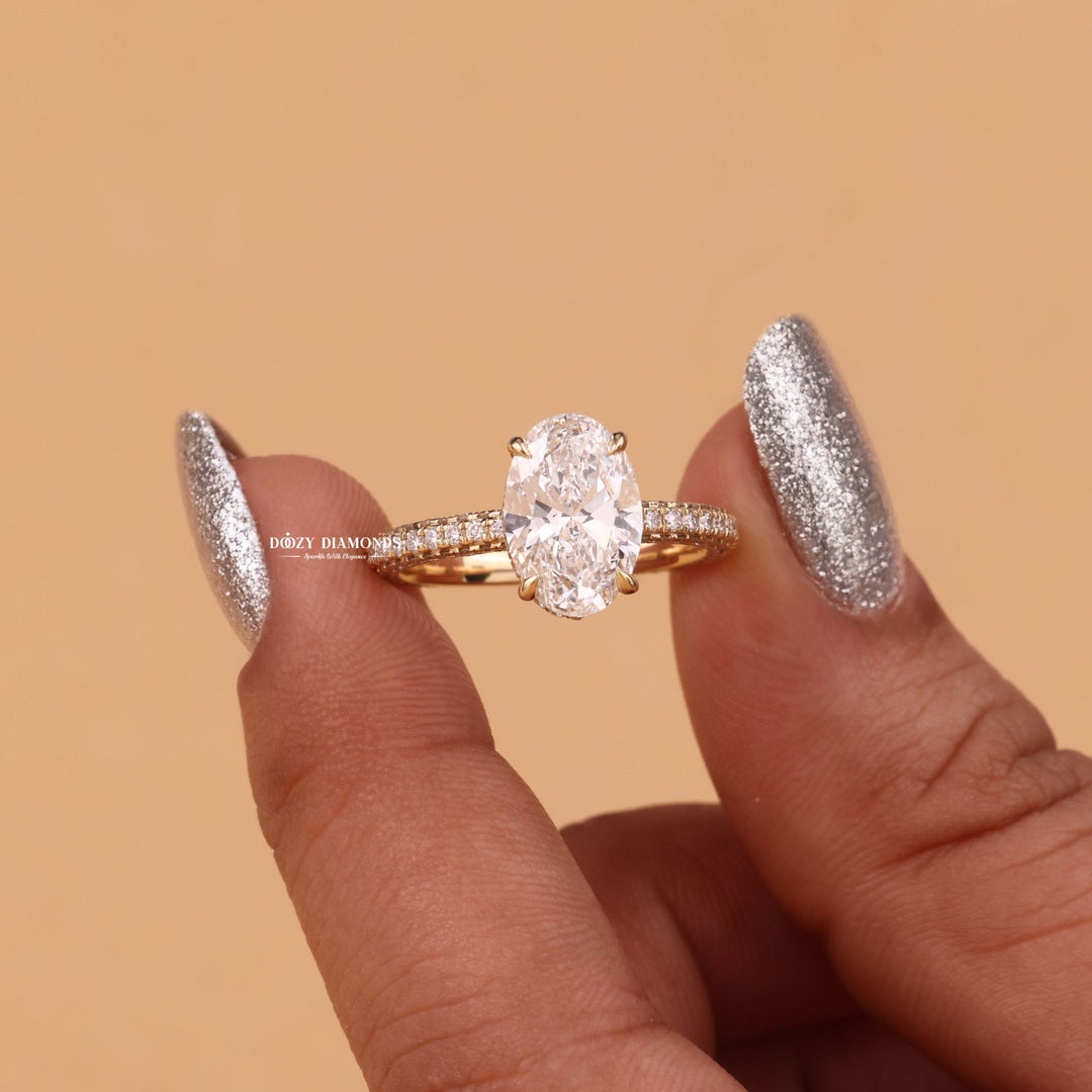 Oval cut hidden halo engagement ring with IGI certified center diamond