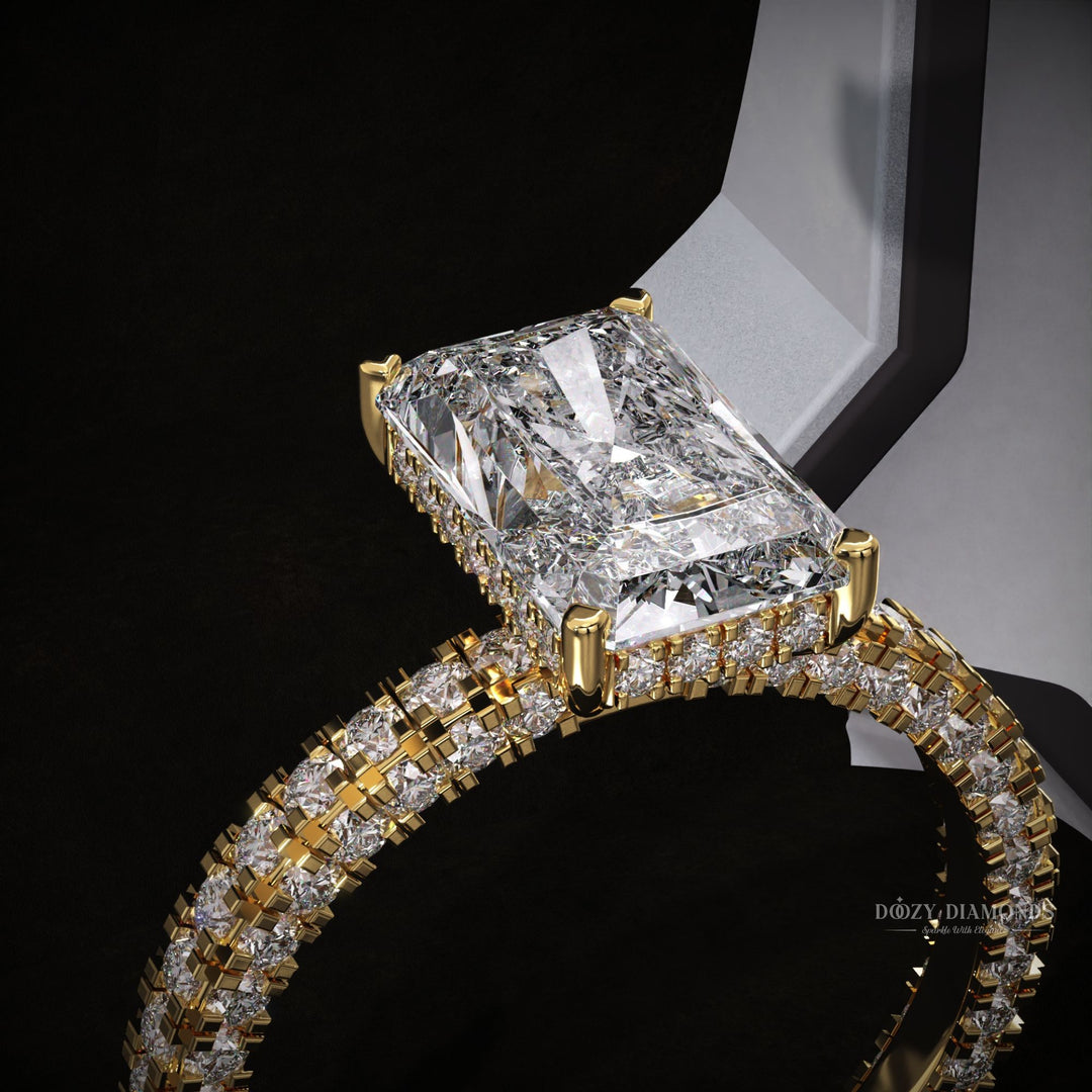 Radiant cut pave engagement ring shown in real-life wear