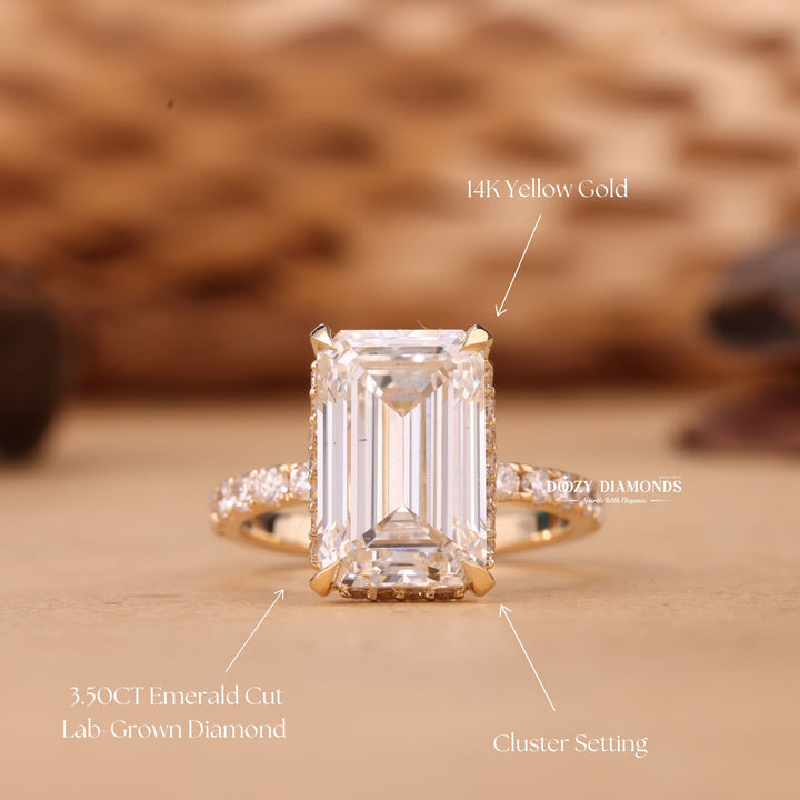 Fine craftsmanship detail on emerald hidden halo engagement ring