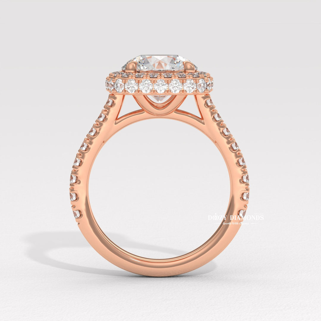 Lifestyle shot of round halo diamond ring on hand