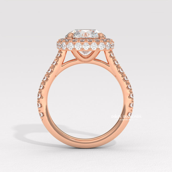 Lifestyle shot of round halo diamond ring on hand