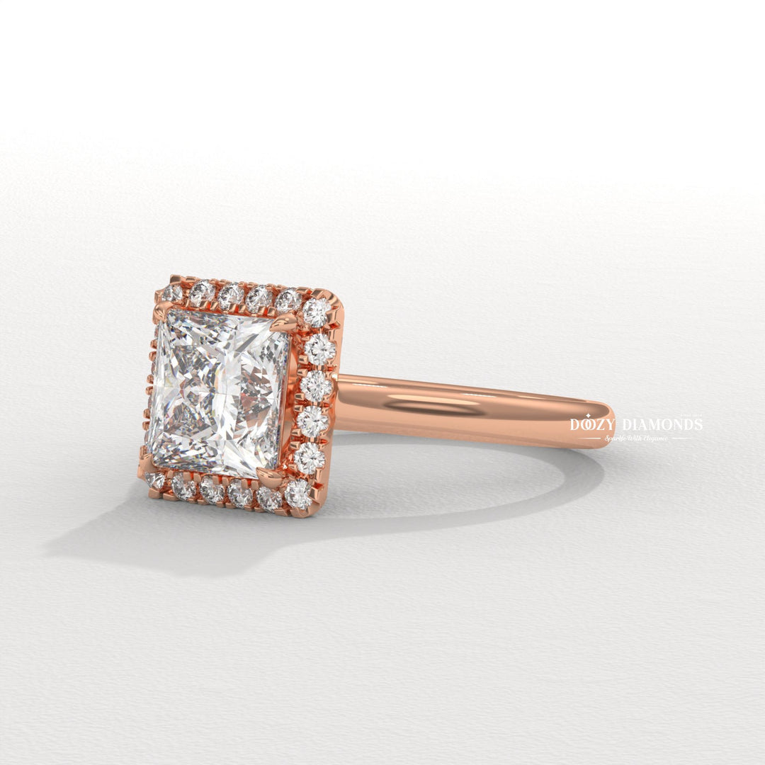 Princess solitaire engagement ring close-up highlighting diamond sparkle