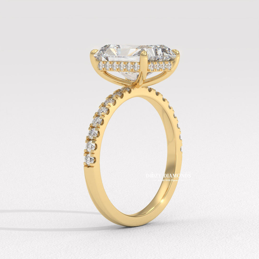 Angled view of radiant cut diamond in hidden halo setting