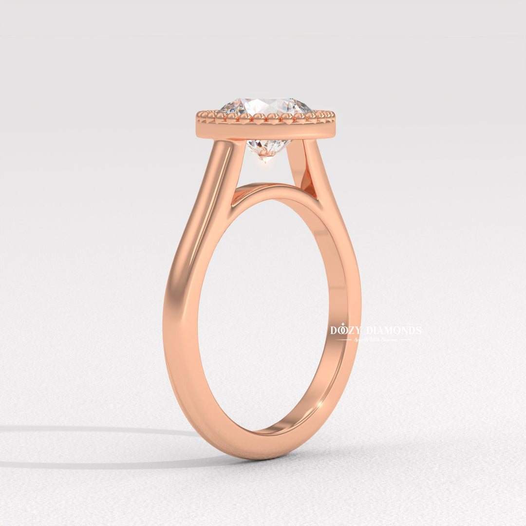 Round bezel lab grown diamond ring side profile in gold setting
