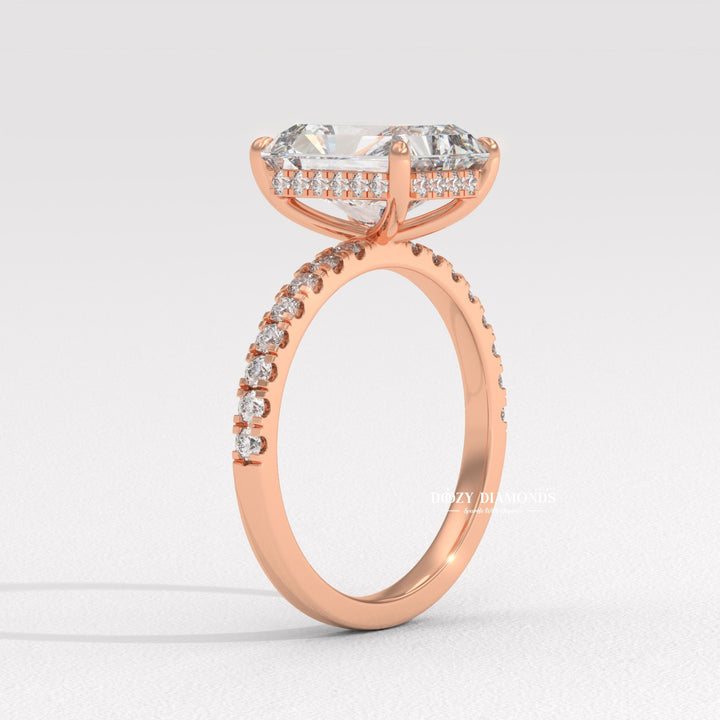 Radiant cut engagement ring side view showing band detail