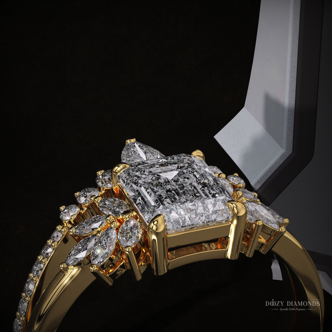 2.0CT Emerald Cut E/VVS2 Lab Grown Cluster Engagement Ring Set