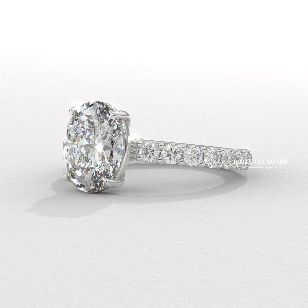 Oval pave lab grown diamond ring side profile in gold setting
