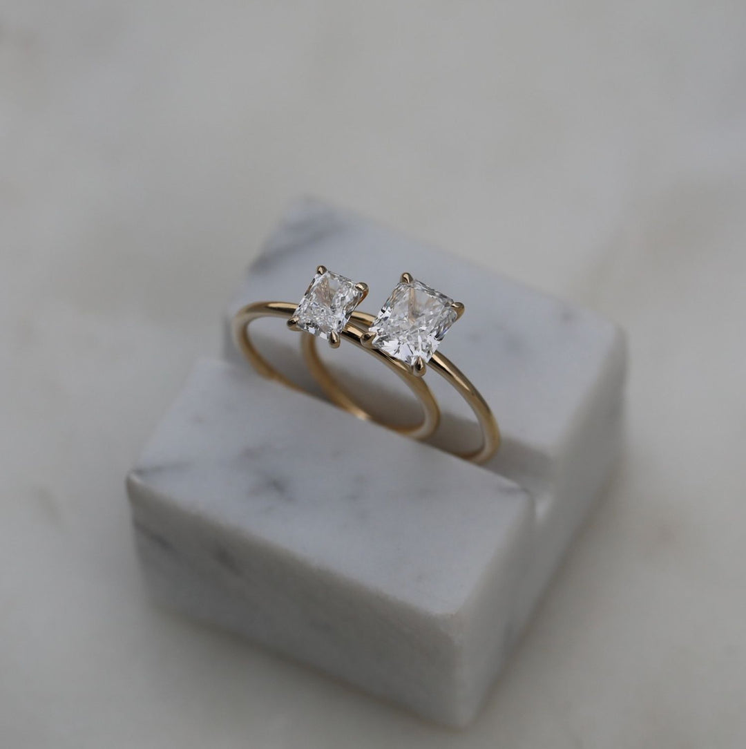 Handcrafted radiant cut solitaire lab grown diamond engagement ring