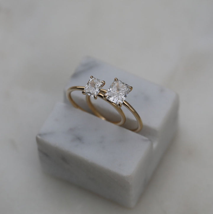 Handcrafted radiant cut solitaire lab grown diamond engagement ring