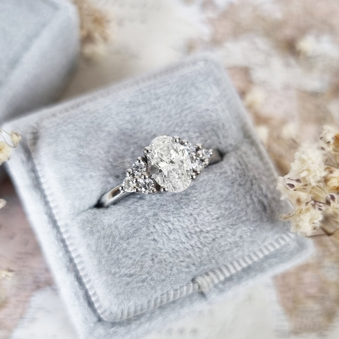 Oval cut engagement ring side view showing band detail