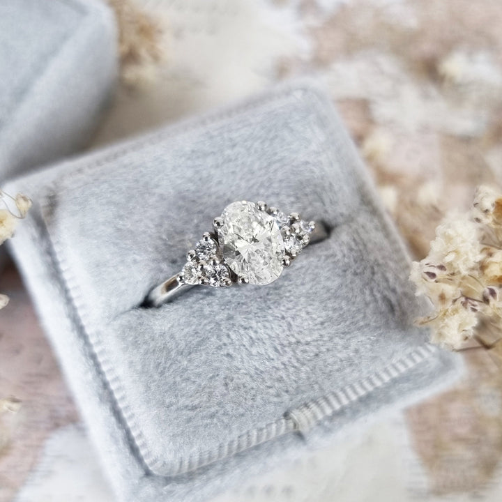 Oval cut engagement ring side view showing band detail